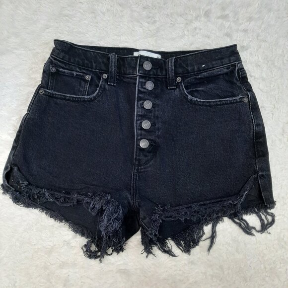 Abercombie & Fitch Black Woman's High Rise Button Fly Distress Denim Shorts 27/4 - Picture 3 of 10